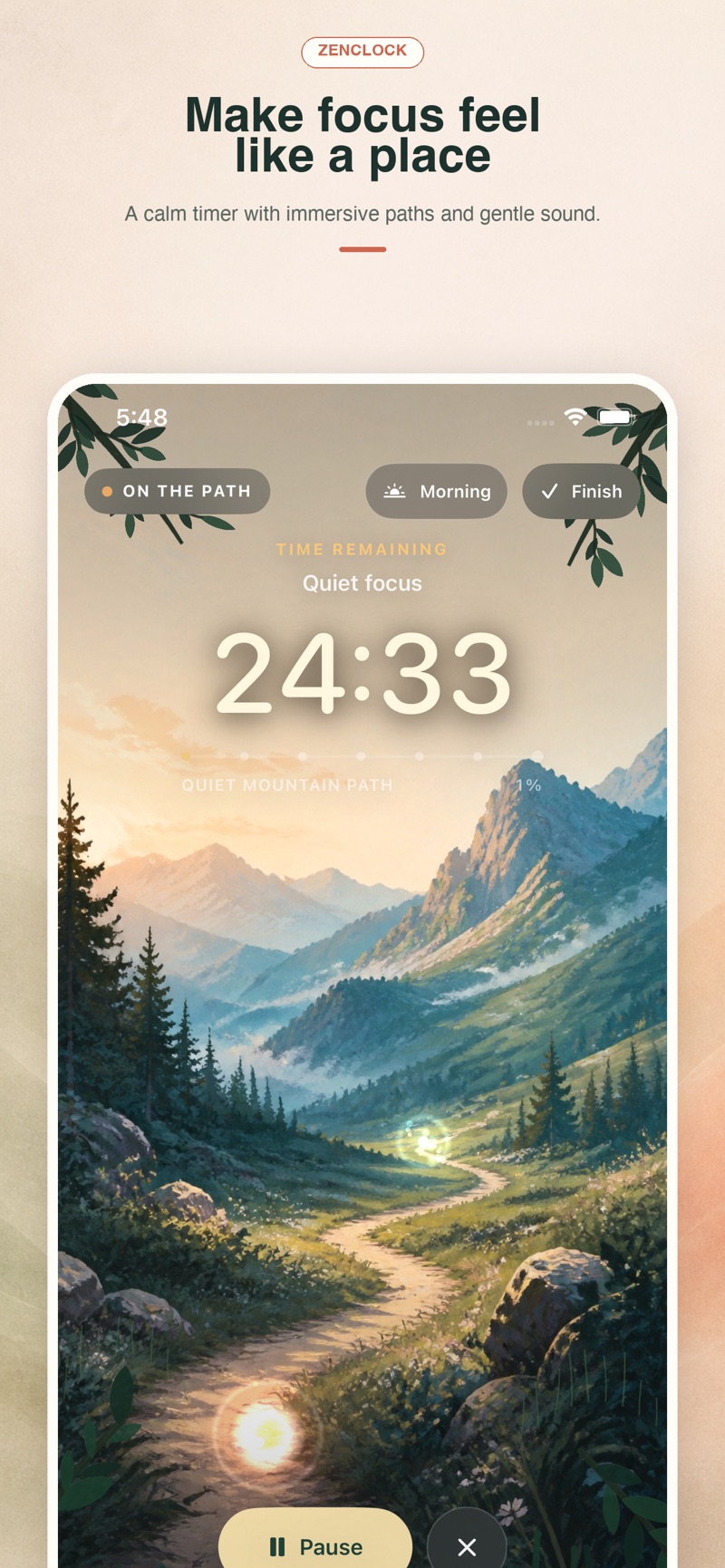 ZenClock App Store preview showing an immersive focus timer in a mountain scene